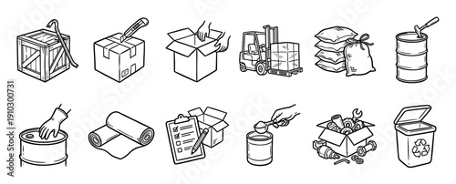 Set of hand-drawn warehouse and logistics icons showing a forklift, boxes, crate, barrel, and shipping supplies in a black and white doodle sketch style illustration collection