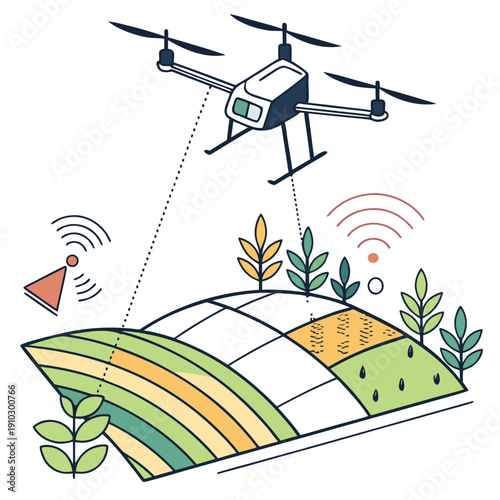 Modern flat vector illustration of an eco tech drone mapping agricultural land, symbolizing sustainable farming practices.