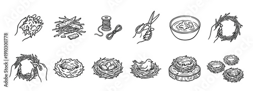 Set of black line art icons showing the step-by-step process of how to make a bird's nest, illustrating a DIY craft project with natural materials, tools, and finished nests