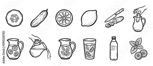Hand-drawn icon set of infused water ingredients showing the process of making a healthy summer drink with lemon, cucumber, and mint in a pitcher and glass, in a black and white doodle style