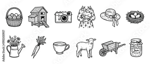 Collection of hand-drawn black and white icons featuring rustic farm and spring elements like a lamb, rabbit, chicken coop, Easter eggs, jam, and a vintage camera in a charming doodle style