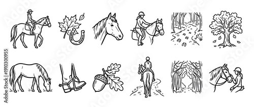 Collection of hand-drawn horseback riding icons showing equestrian activities and autumn nature elements like trees, leaves, and acorns in a simple black and white line art style