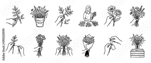 Set of black and white line art icons illustrates the step-by-step process of a florist creating a beautiful flower bouquet, from cutting stems to arranging the final product