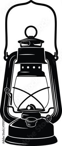 WebVector illustration of vintage kerosene lantern silhouette in black artistic design, showcasing classic lamp with glass enclosure, concept for lighting, nostalgia, emergency