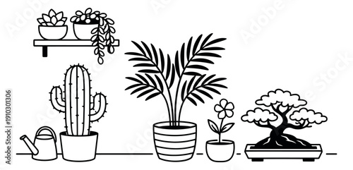 Hand drawn line art houseplant icon set featuring various potted plants and garden elements for home and garden projects