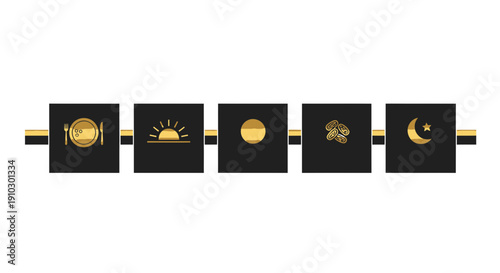 Luxury Ramadan fasting schedule infographic banner with elegant gold icons on black background for islamic timeline