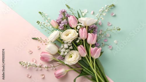 An ultra-realistic luxury editorial key visual. A top-down premium flat-lay set against a soft pastel gradient background (pearl blush fading into spring mint)
