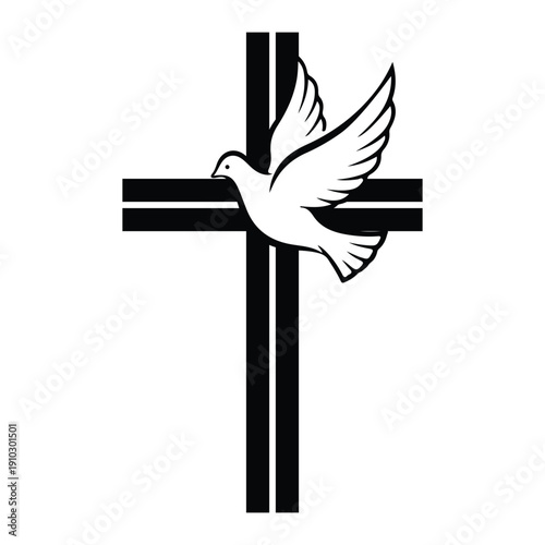 Flying Dove Over Christian Cross Religious Faith Line Art Vector Illustration