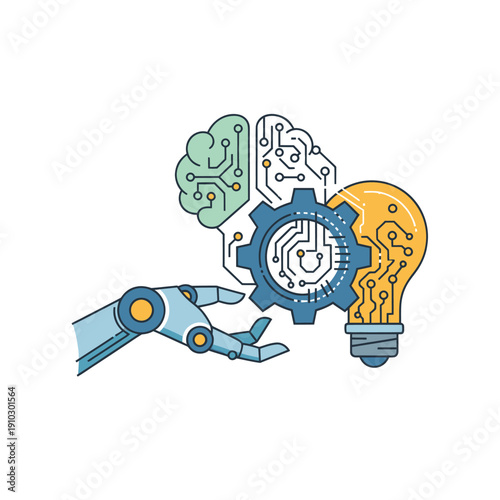AI brain, gear, and light bulb in robotic hand