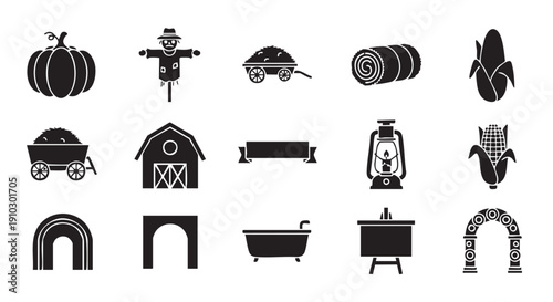 Black and white icon set of farm and harvest elements vector