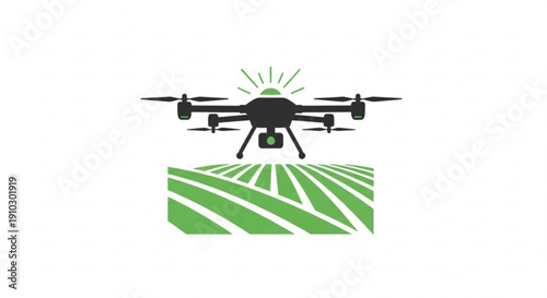Drone flying over green agricultural field with sun rays symbolizing modern farming technology and aerial surveillance