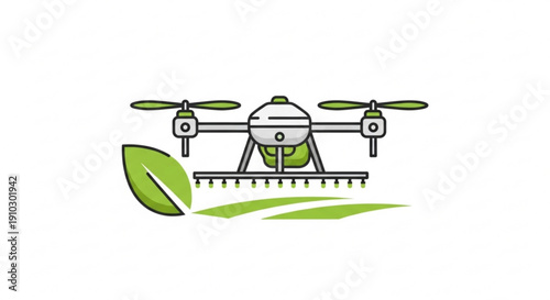 Drone sprays green pesticide on leafy plants in field eco friendly farming technology