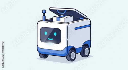 Friendly delivery robot with open compartment carrying package on blue and white body with smiling face