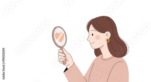 Minimalist Self Love Woman Smiling at Heart Shaped Reflection in Mirror Flat Vector Illustration