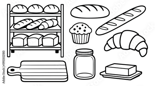 Hand drawn line art bakery set featuring bread, pastries, and kitchen essentials for food and shop themes