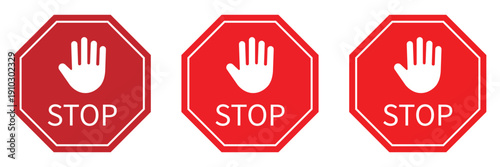 Red STOP sign icon set. Sign with hand and stop sign. Warning sign, attention, prohibition, danger, alert, road sign.