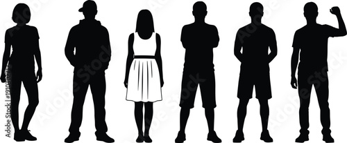 Silhouette of diverse group of people standing together in a row with one woman in white dress for inclusion concept