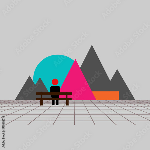 A solitary figure sits on a bench, observing a vibrant abstract landscape of geometric shapes and a digital grid, evoking a contemplative retro-futuristic mood.
