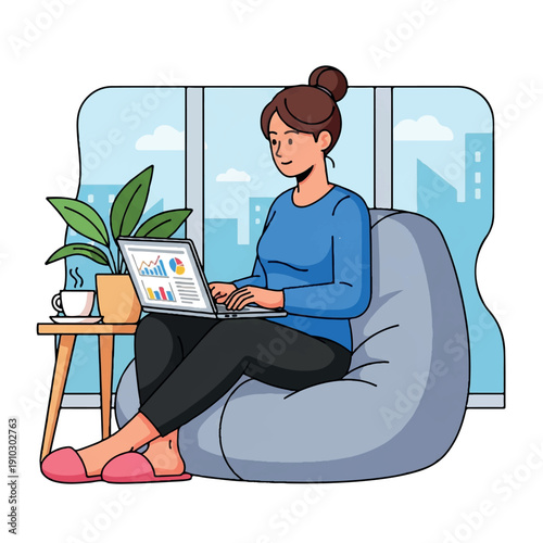 Illustration of a woman sitting on a bean bag chair working on her laptop with a city view background and a plant on a side table.