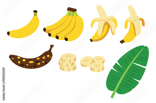 Flat design banana elements set featuring whole, bunch, peeled, sliced, and spoiled bananas with a banana leaf for food illustration
