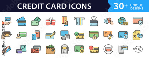 Collection of various credit card icons in different styles and designs displayed on a white background