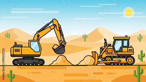 An illustration of construction equipment, including an excavator and a bulldozer, working in a desert environment.