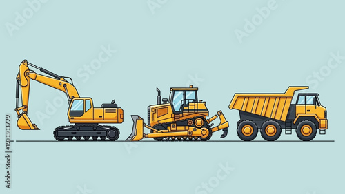 Illustration of construction vehicles, including an excavator, bulldozer, and dump truck, on a light blue background.