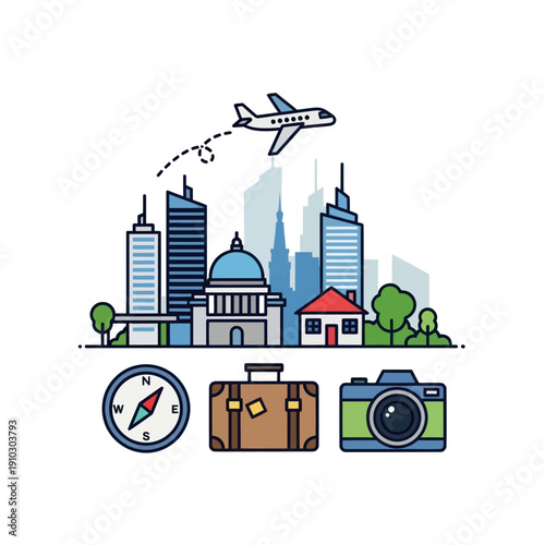 Wallpaper Mural Urban cityscape and airplane with travel accessories Torontodigital.ca
