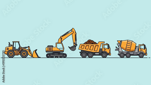 Illustration of construction vehicles including a bulldozer, excavator, dump truck, and concrete mixer truck.