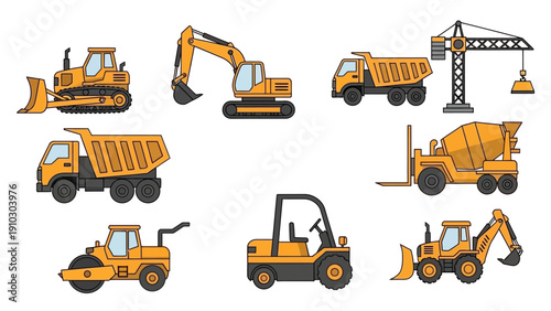 Collection of various yellow construction vehicles and equipment on white background.