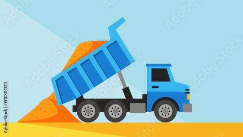 A blue dump truck is unloading sand onto a yellow surface, with a blue sky background.
