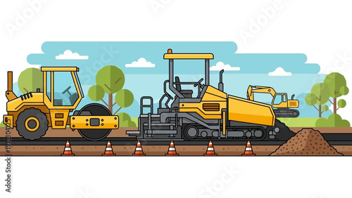 Road construction scene featuring heavy machinery, including a roller, paver, and excavator, working on asphalt.