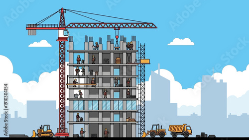 Construction site with a crane, workers, and machinery building a tall structure.