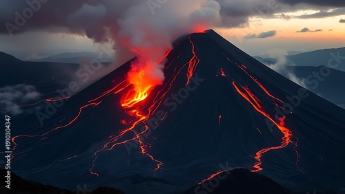 Long-dormant volcano eruption with time symbolism showing centuries of silence broken in geological awakening