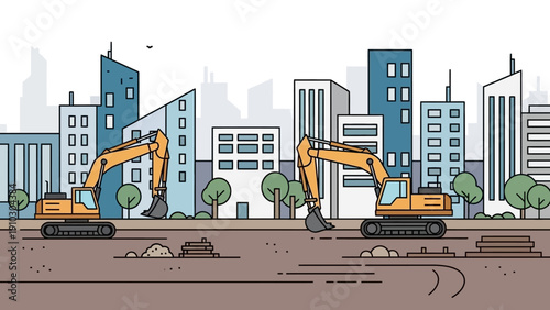 Construction site with two excavators, buildings, and a cityscape in the background, illustrating urban development.