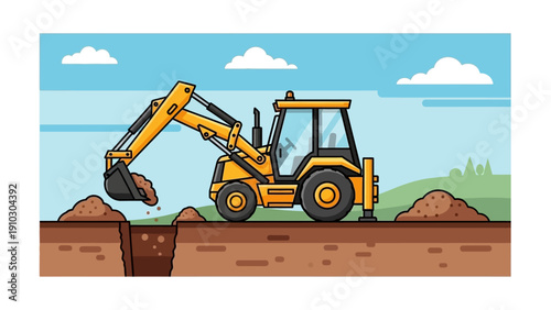 A yellow backhoe excavator digging a trench in the brown earth under a blue sky.