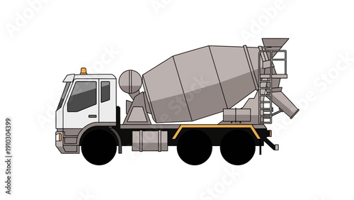 Side view of a white concrete mixer truck, ready for construction.