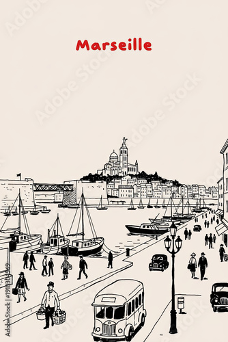 Marseille, France Pen Line Art Illustration of City Landmark and Travel Scene