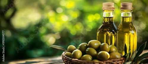Extra virgin olive oil with green olives on a blurred background