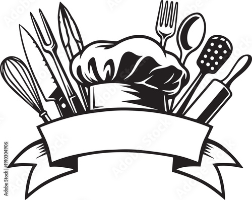 Cooking Master Hat And Kitchen Tools Monogram Split Frame for Logo or Text T-Shirt Design Silhouette vector black on a white background