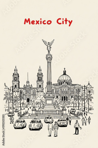 Mexico City, Mexico Pen Line Art Illustration of City Landmark and Travel Scene