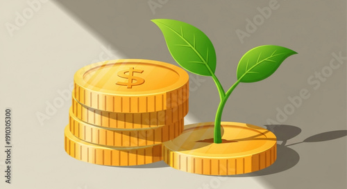 Golden coins with sprouting plant representing financial growth and investment opportunities