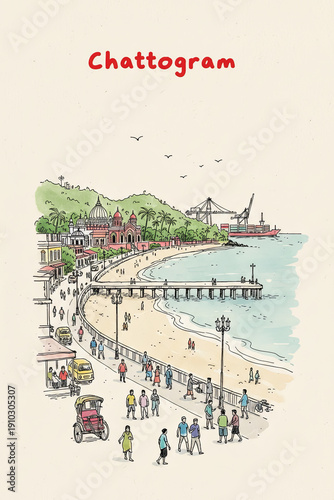 Chattogram, Bangladesh Pen Line Art Illustration of City Landmark and Travel Scene