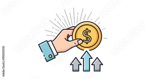 Hand holding golden dollar coin with upward arrows indicating financial growth and investment success in business