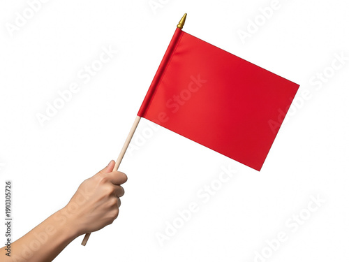 A hand holding a red flag on a white background isolated on transparent background