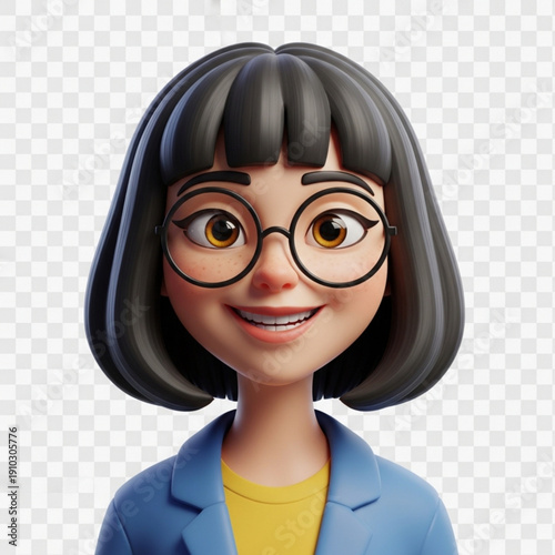 A cartoon woman with glasses and a blue blazer smiles cheerfully in a vector graphic illustration