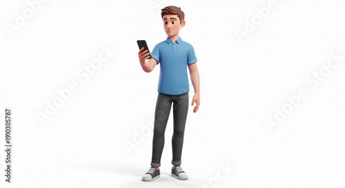 A cartoon man in a blue shirt holding a smartphone in a modern illustration