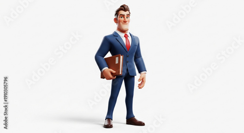 A cartoon businessman in a blue suit holding a brown briefcase stands confidently with a friendly smile.