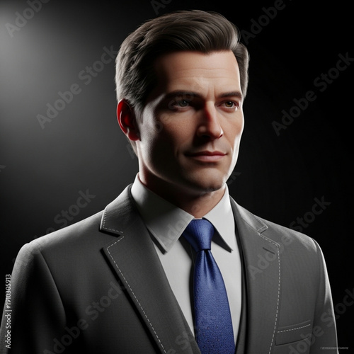 A confident businessman in a gray suit and blue tie standing against a dark background