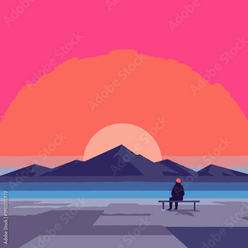 A lone figure sits peacefully on a bench, admiring the breathtaking sunset over majestic mountains and a serene lake, rendered in a beautiful flat design style.
